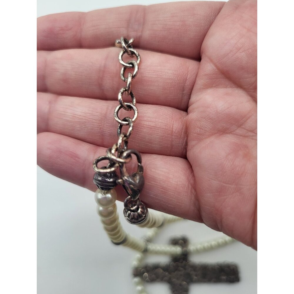Brighton Lola Floral Cross Necklace Faux Pearl Beaded Long Statement Pendant - Picture 9 of 10